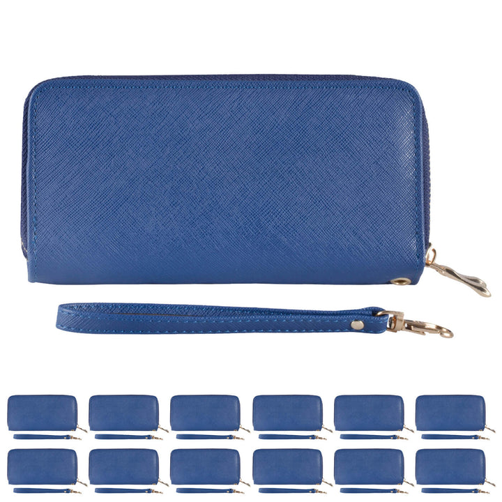 Blue purse with detachable strap on a white background with 12 small purses