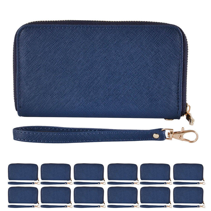 Blue purse with wrist strap and multiple blue purses on a white background