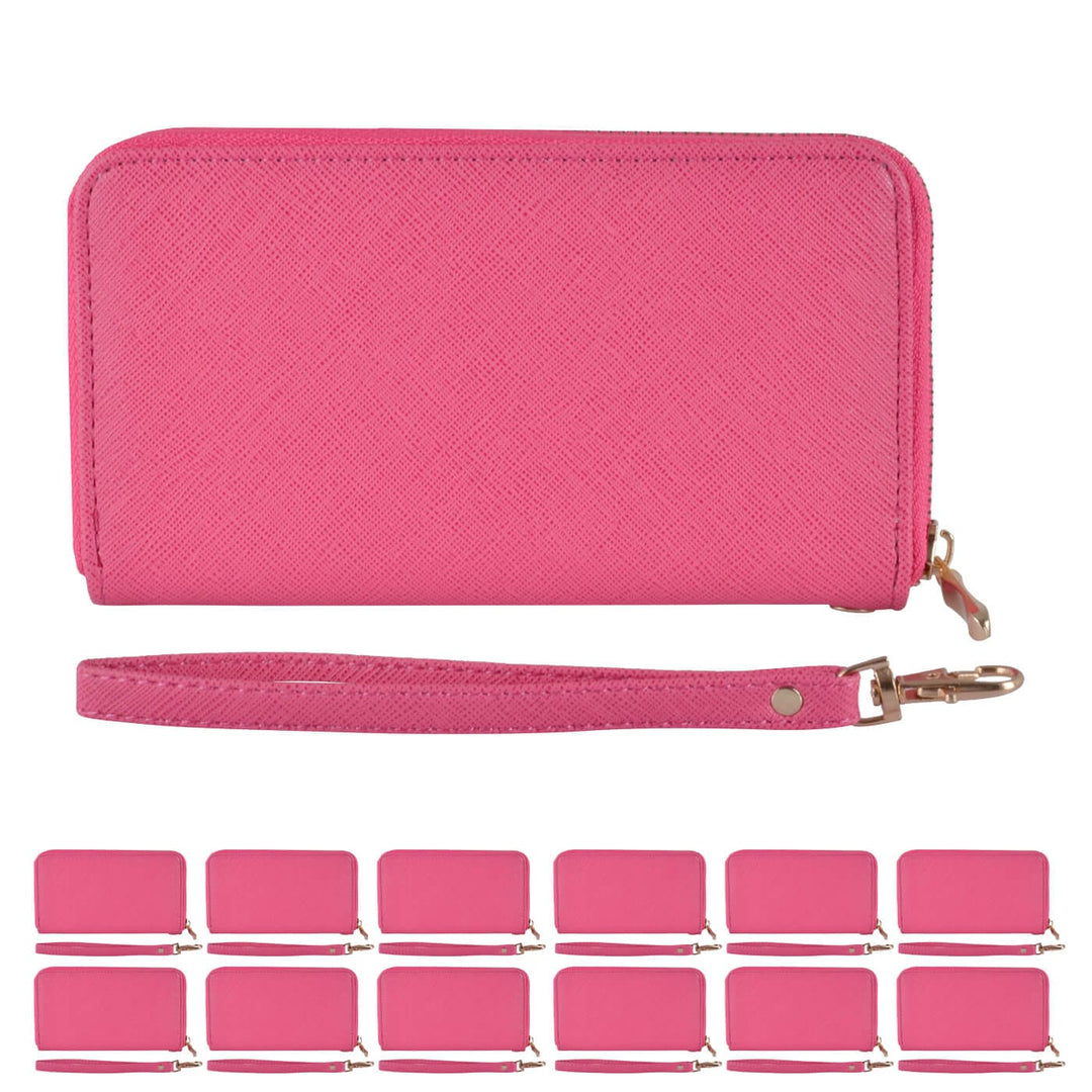 Pink purse with wrist strap and multiple pink purses on a white background