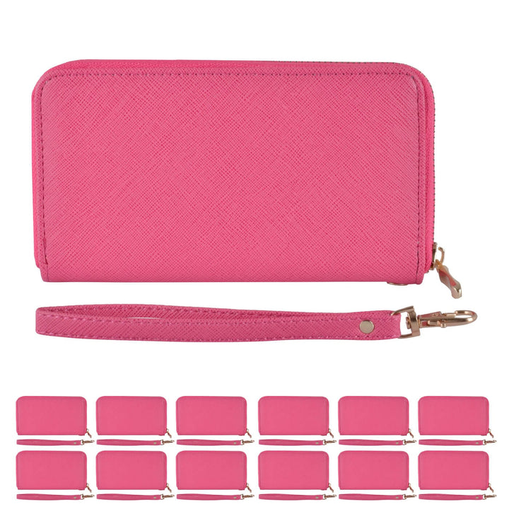 Pink purse with wrist strap and multiple pink purses on a white background