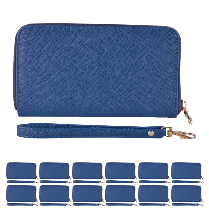 Blue purse with wrist strap and multiple blue purses on a white background