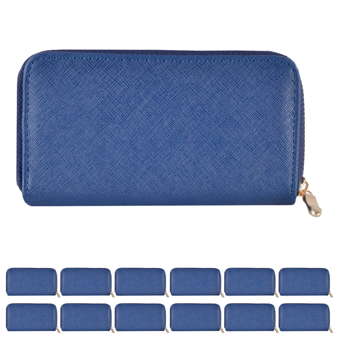 Blue purse with multiple small blue purses on a white background