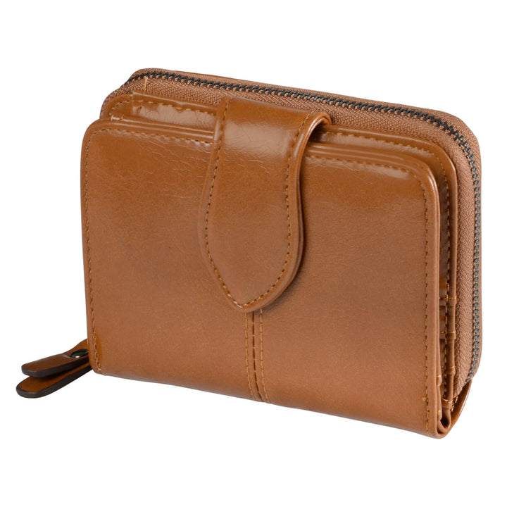 Brown leather purse with clip fastener and zipped compartment on a white background