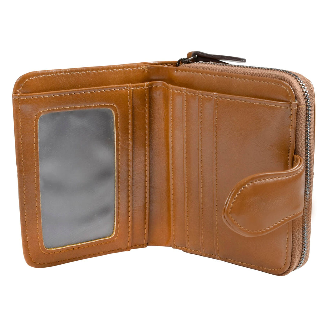 Tan leather purse open to show a window pocket and card holders