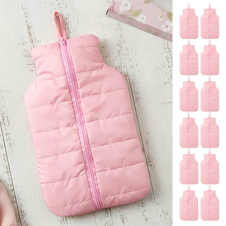 Pink quilted hot water bottle on a wooden surface with additional pink hot water bottles displayed vertically.