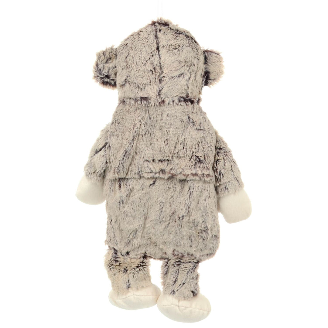 Back of a plush animal hot water bottle on a white backfground