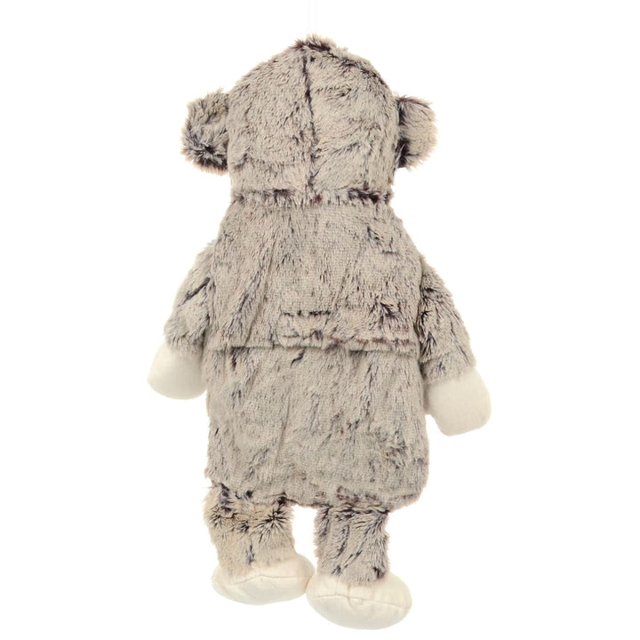 Back of a plush animal hot water bottle on a white backfground