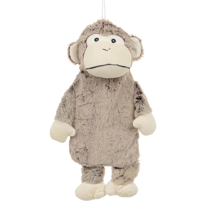 Plush monkey design hot water bottle with hanging loop on a white background