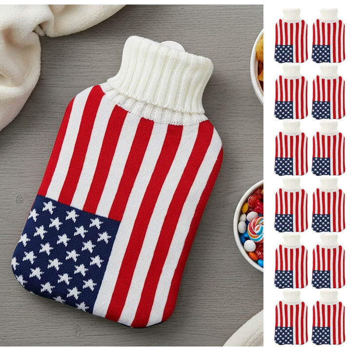 American flag hot water bottle on a wooden surface with bowl of candy and 12 smaller hot water bottles down the side