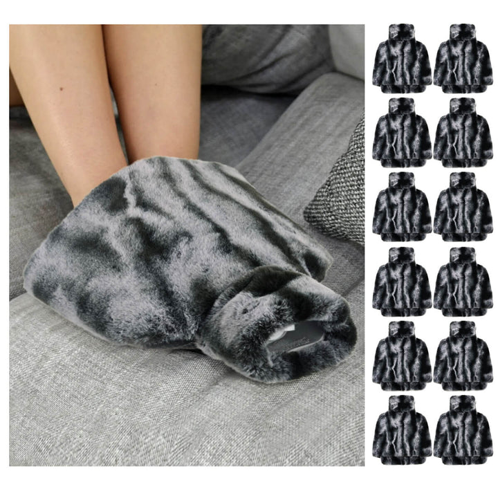 Grey furry foot warmer on a sofa with 12 smaller foot warmers down the side