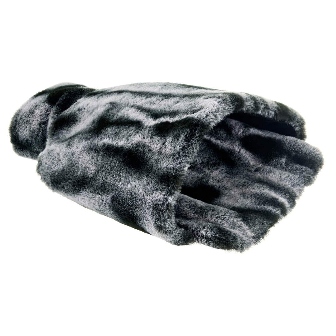grey animal print fauc fur foot warmer on a white background