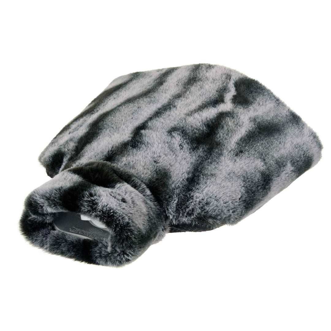 grey animal print fur hot water bottle on a white background
