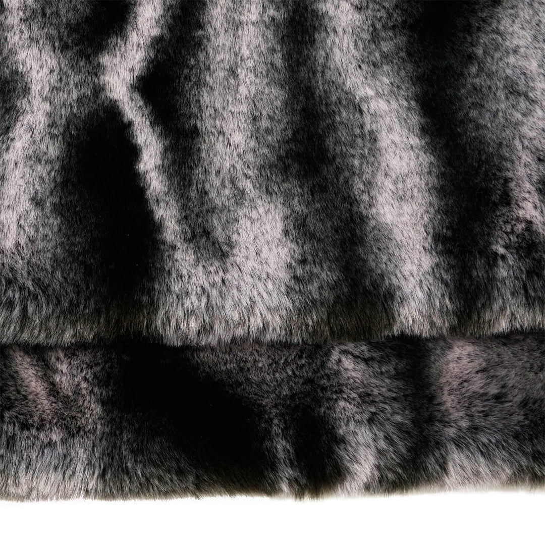 Close up of grey animal print faux fur 