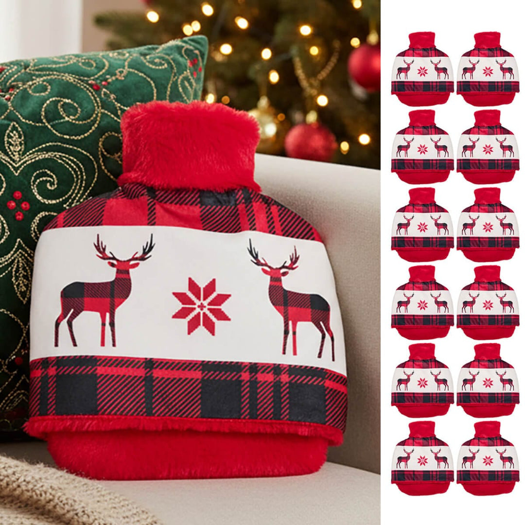 Red and black plaid hot water bottle with reindeer and snowflake design against a Christmas-themed background.