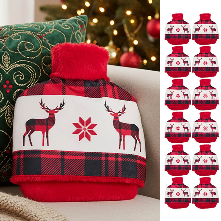 Red and black plaid hot water bottle with reindeer and snowflake design against a Christmas-themed background.