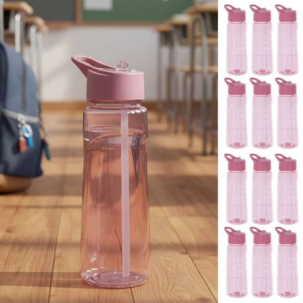 Pink water bottle on a wooden floor in a school classroom with 12 small bottles