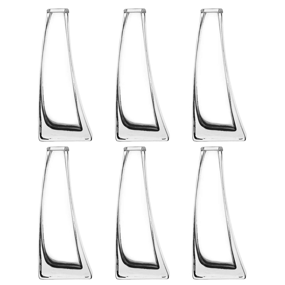 Set of six curved clear glass vases on a white background