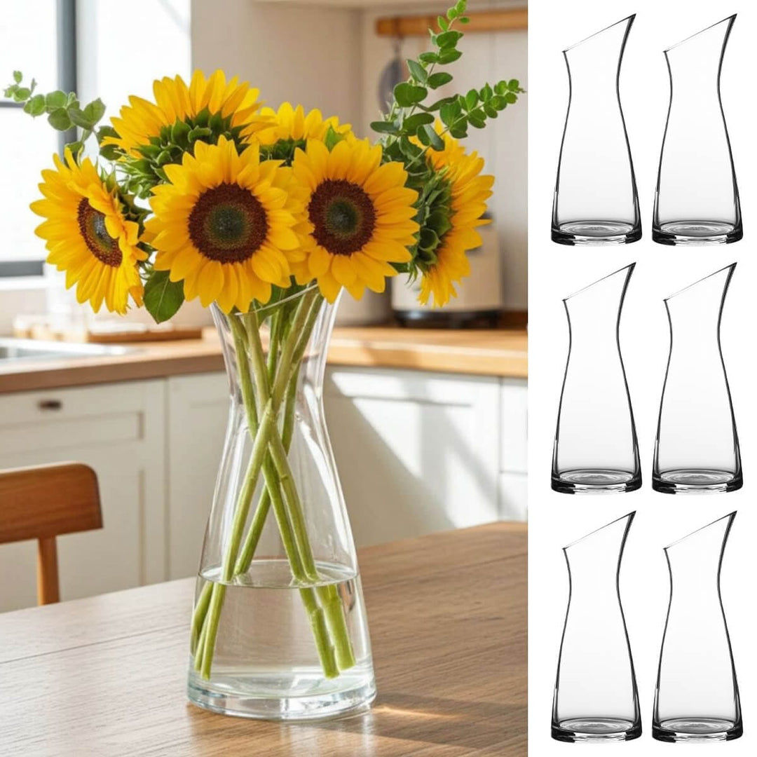 Clear glass vase with sunflowers on a kitchen counter, next to images of six clear glass vases.