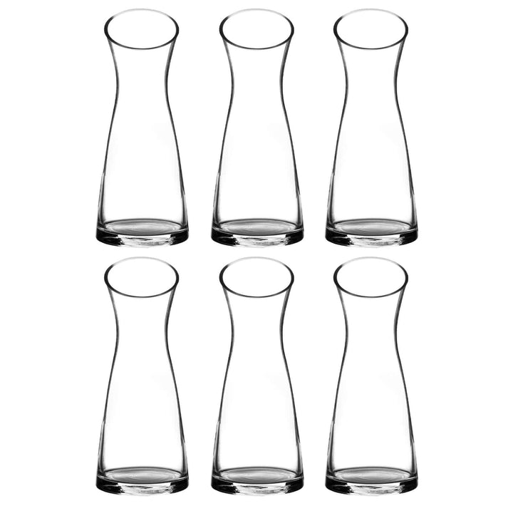 Set of six clear glass large flower vases on a white background