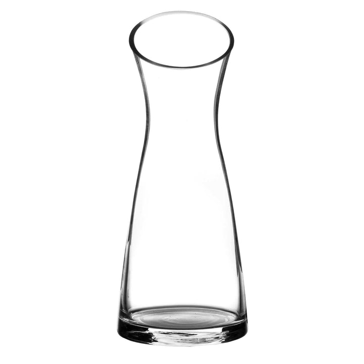 Clear glass flower vase with slanted opening on a white background