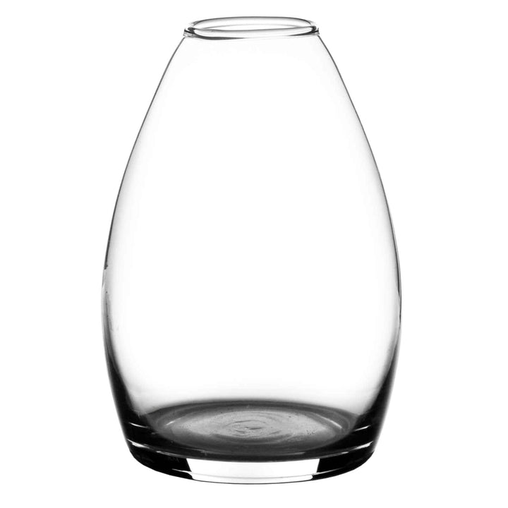 Clear glass flower vase with narrow neck for single stems on a white background
