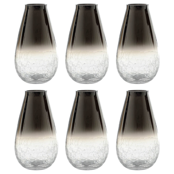 six gradient design flower vases with crackle glass base on a white background