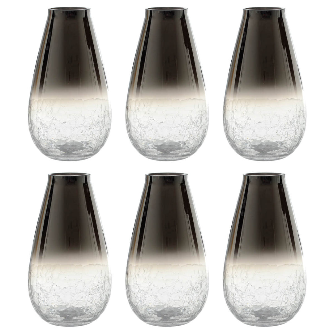 six gradient design flower vases with crackle glass base on a white background