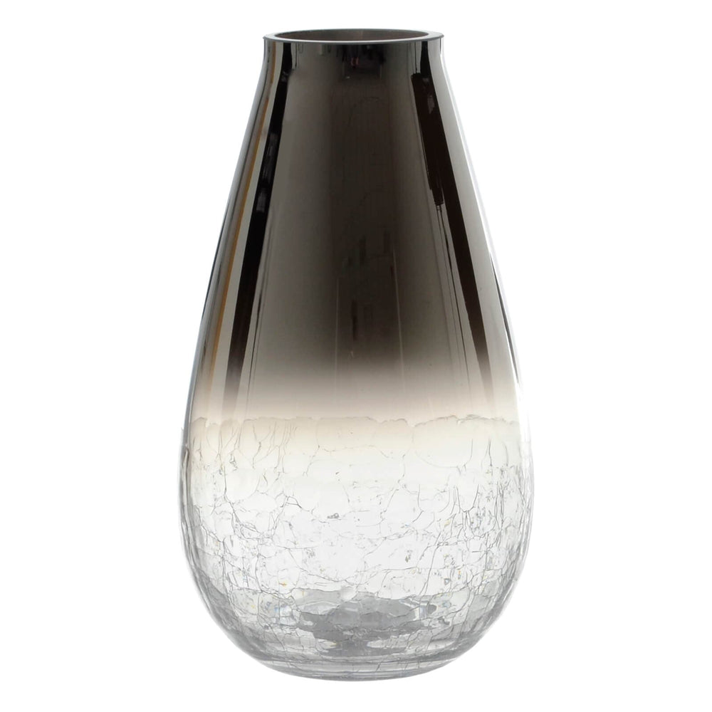 Smoked ombre teardrop shape flower vase with crackle glass base on a white background