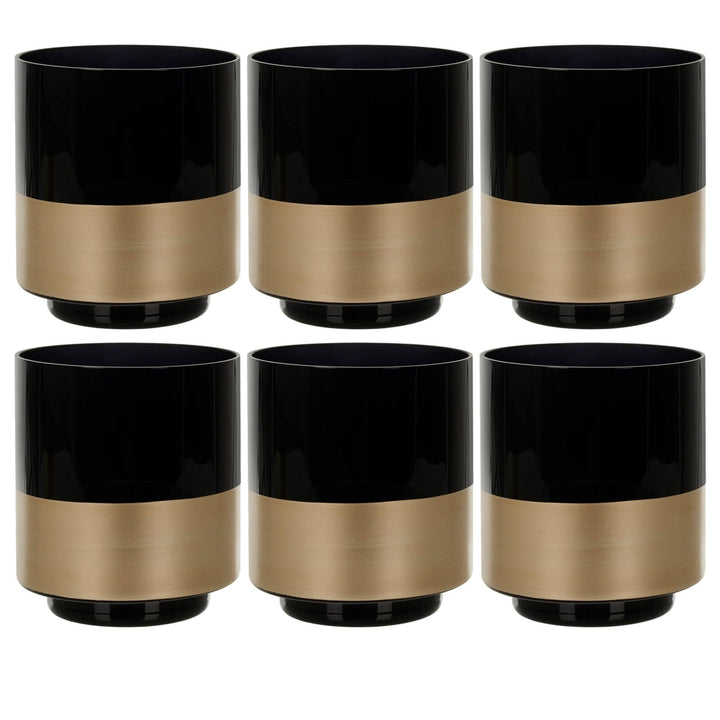 Bulk Pack of 6 Hibiscus Flower Vase Black Glass Gold Band 14cm