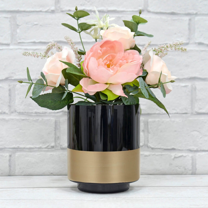 Bulk Pack of 6 Hibiscus Flower Vase Black Glass Gold Band 14cm