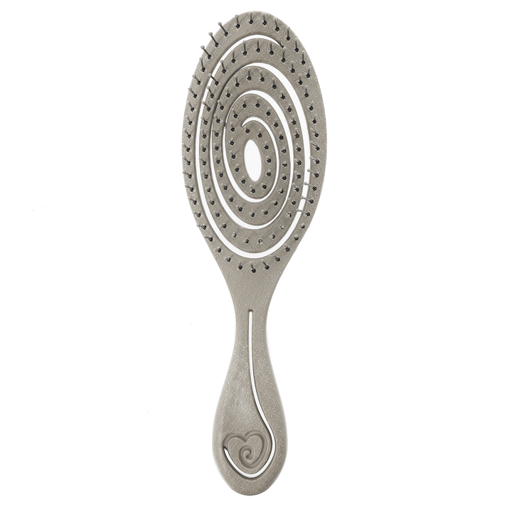 Grey hairbrush with concentric circular bristle patterns and heart icon on a white background
