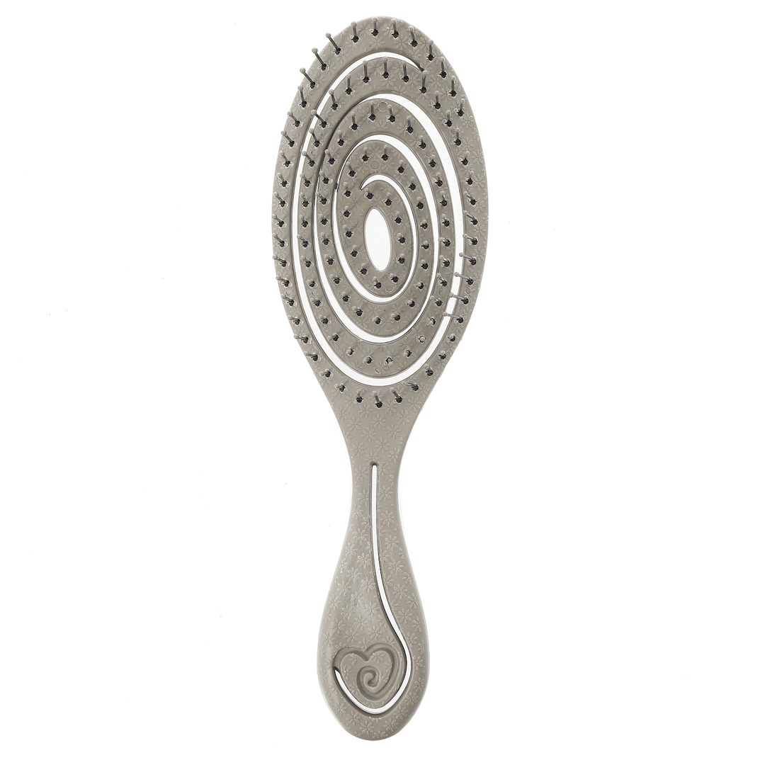 Grey hairbrush with concentric circular bristle patterns and heart icon on a white background