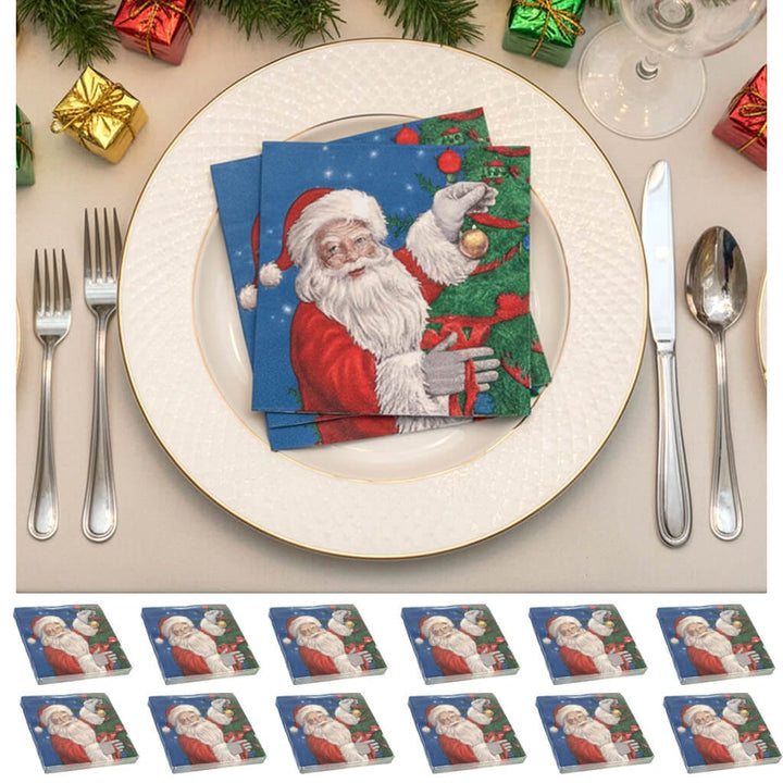 Santa design Christmas paper napkins on a plate with 12 packs of napkins below