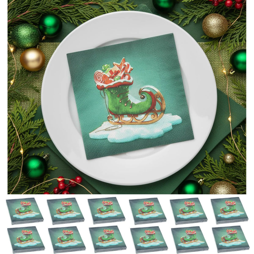 Green ice skate design Christmas napkin on a green theme Christmas dinner table