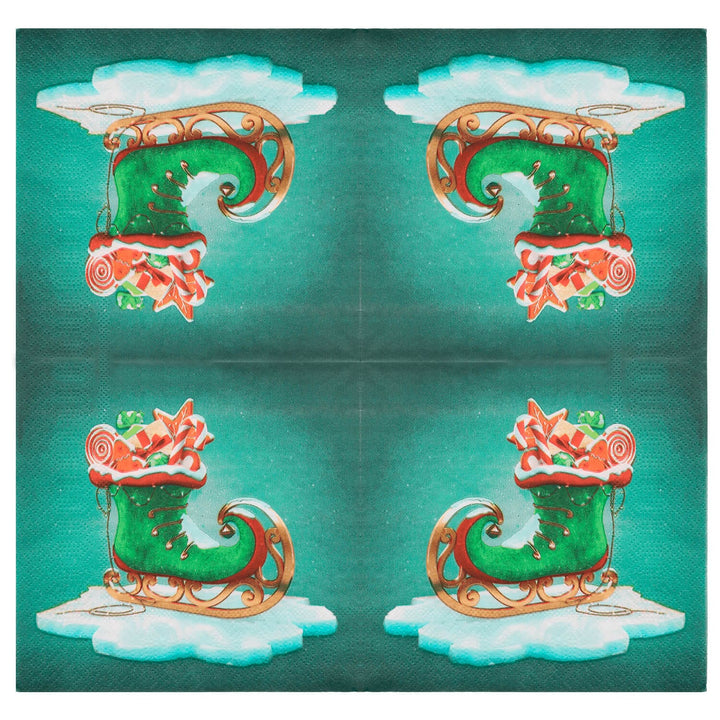 Green Christmas napkin opened out to show elf style ice skate design