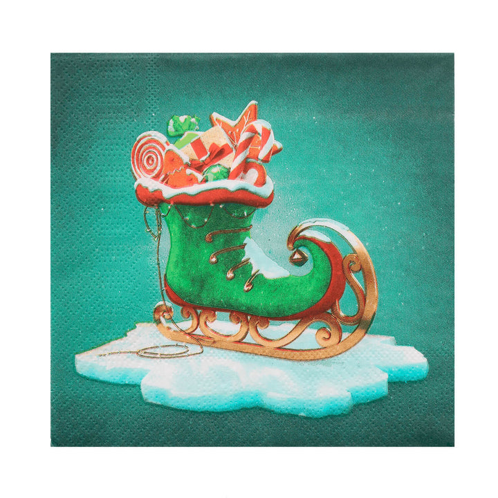 Green elf design ice skate filled with Christmas gifts on a white background