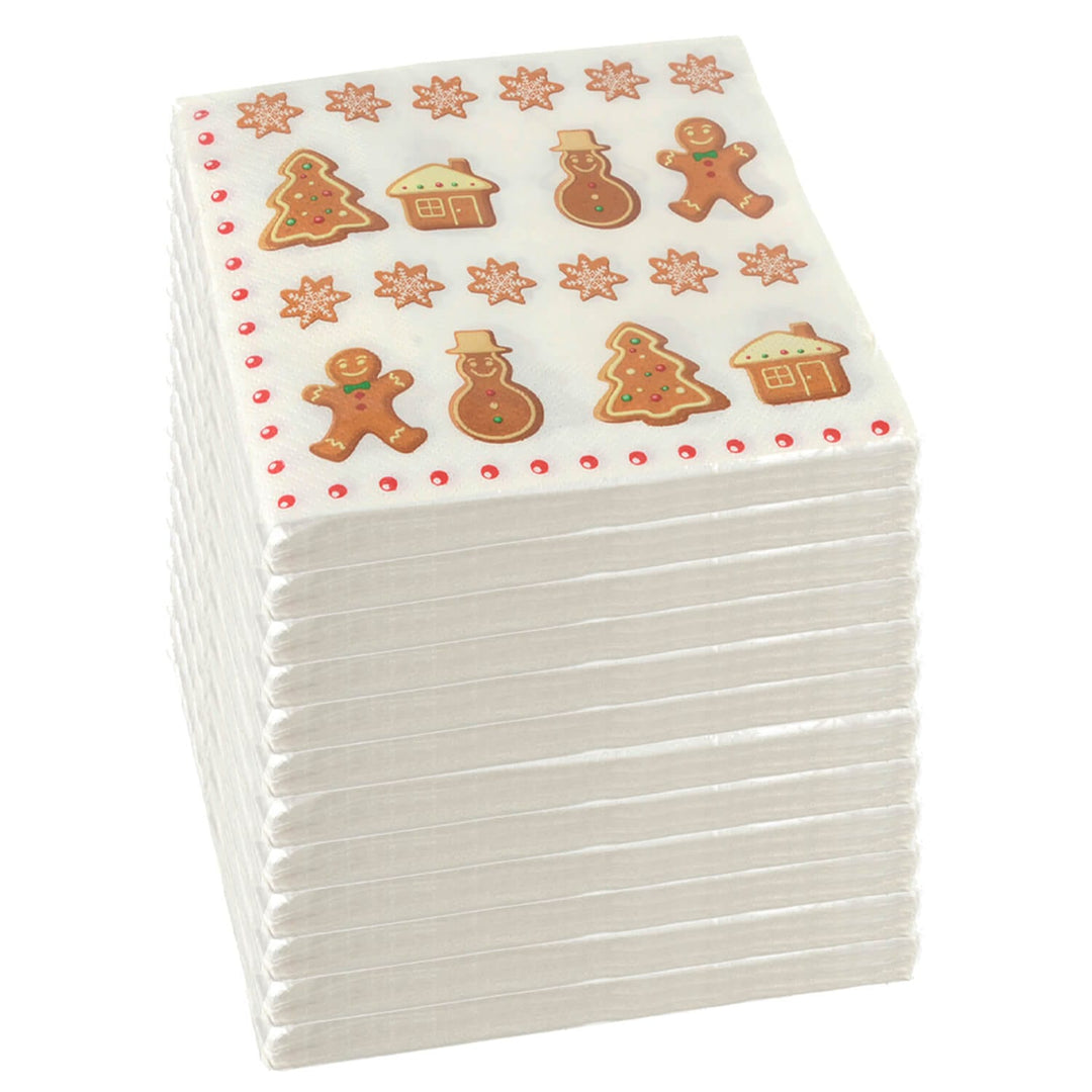 Stack of 12 packs og gingerbread design paper napkins for Christmas on a white background