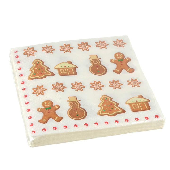 Pack of white Christmas napkins with gingerbread house figure tree and snowman design