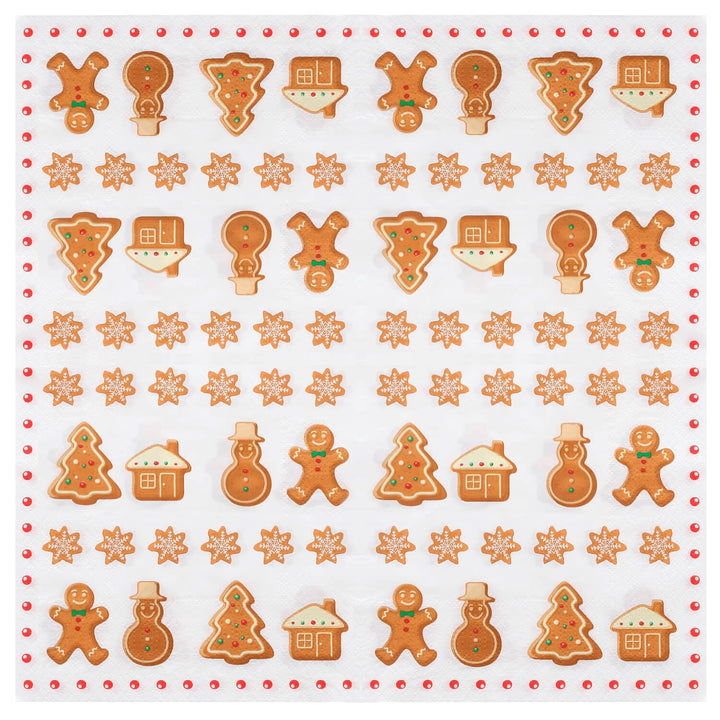 Christmas napkin with pattern of gingerbread cookies and snowflakes on a white background with red dot border