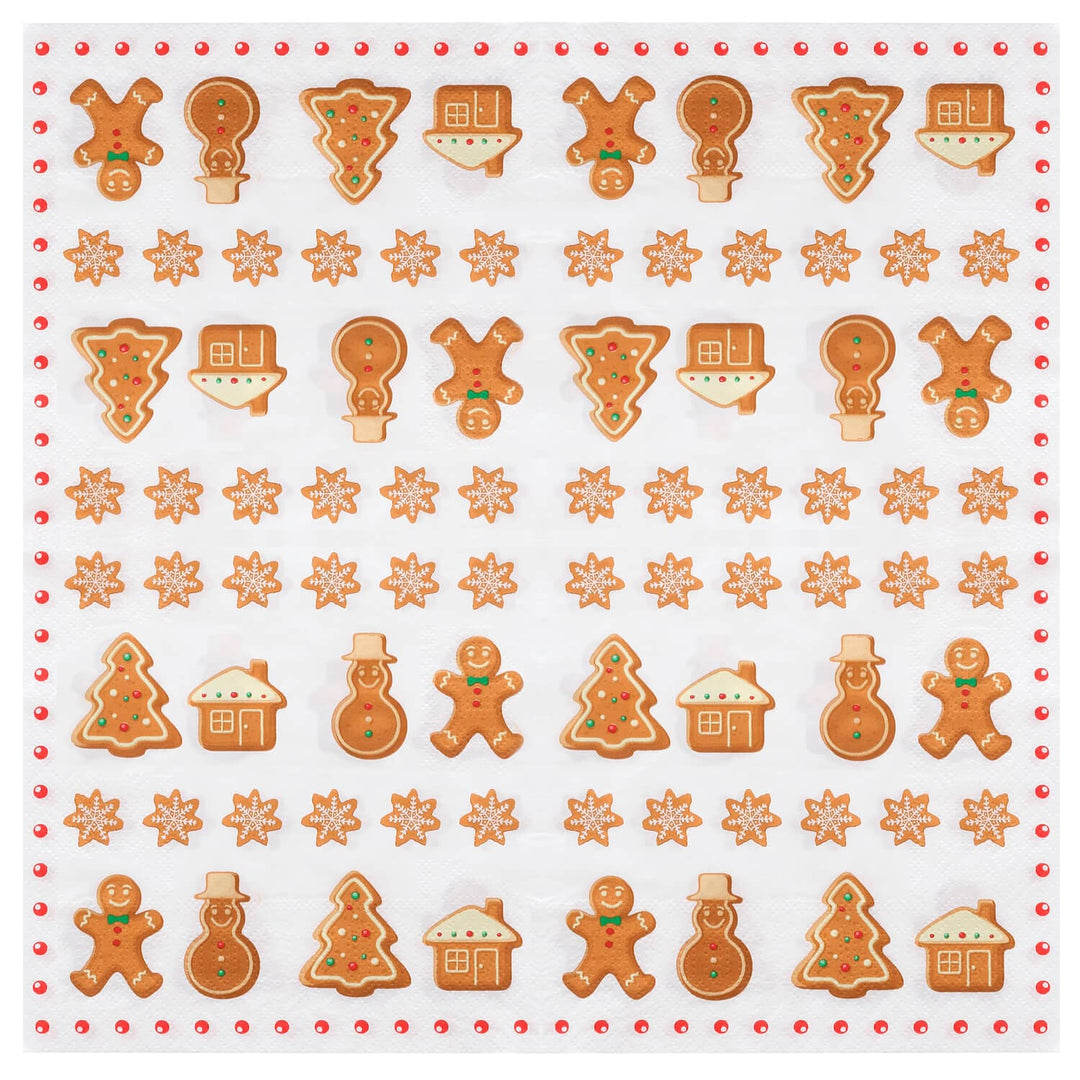 Christmas napkin with pattern of gingerbread cookies and snowflakes on a white background with red dot border