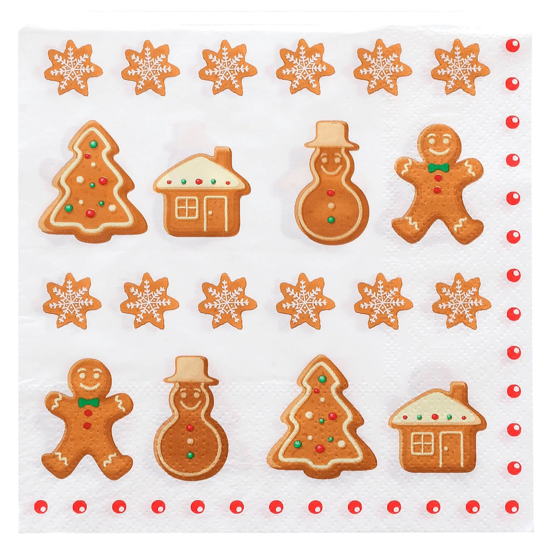 Christmas white napkin with gingerbread tree figure house snowman and snowflakes pattern