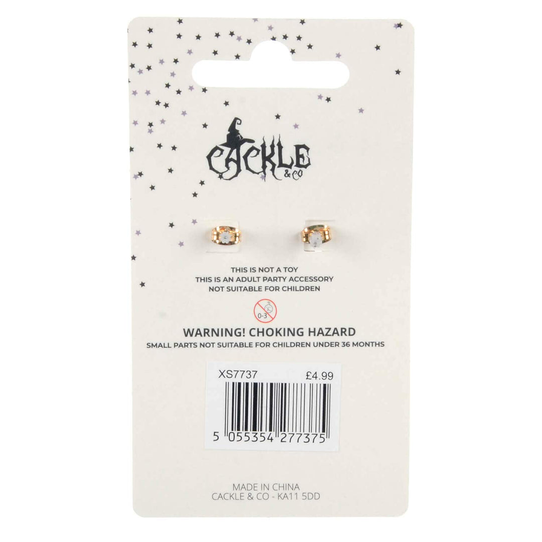Pair of earrings on a Cackle & Co packaging with product details.