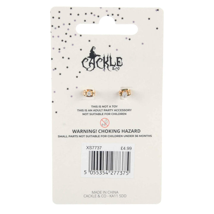 Pair of earrings on a Cackle & Co packaging with product details.