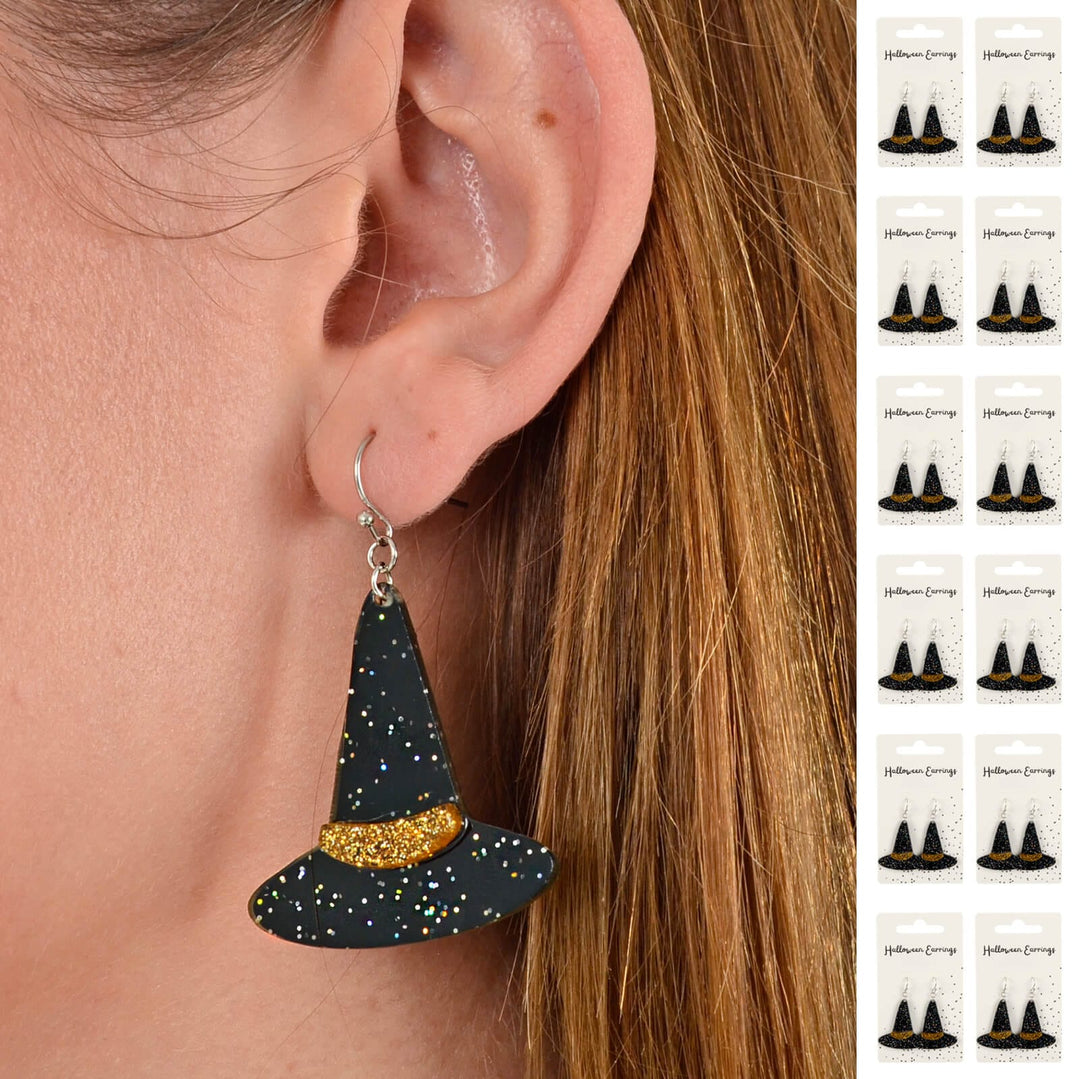 Black witch hat earrings with gold accents worn by a person, with inset images of similar earrings.