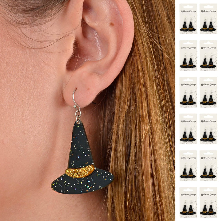 Black witch hat earrings with gold accents worn by a person, with inset images of similar earrings.