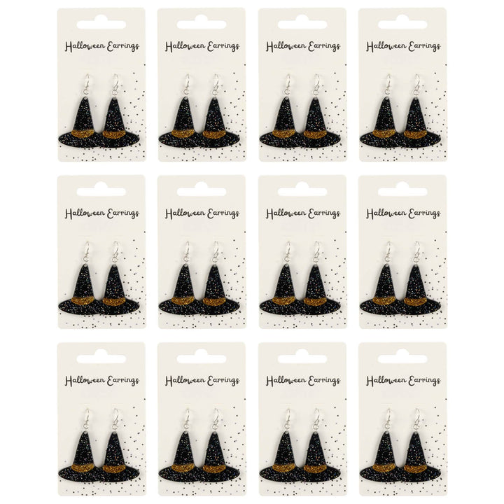 12 display cards of witch hat drop earrings with gold glitter for Halloween parties