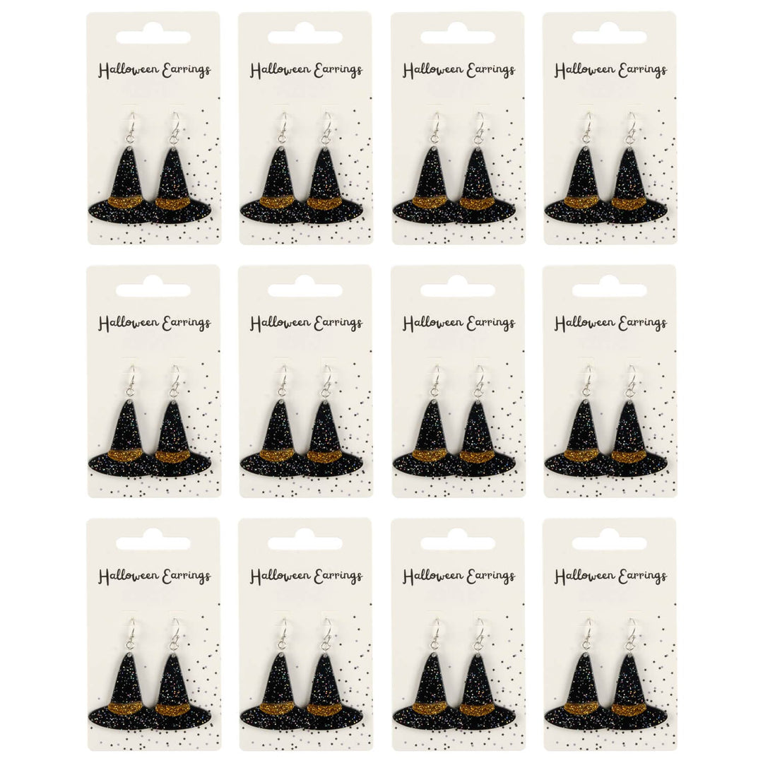 12 display cards of witch hat drop earrings with gold glitter for Halloween parties