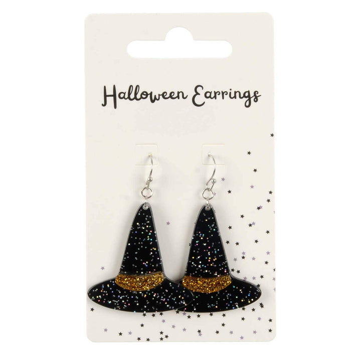 A pair of black witch hat drop earrings on a display card on white background