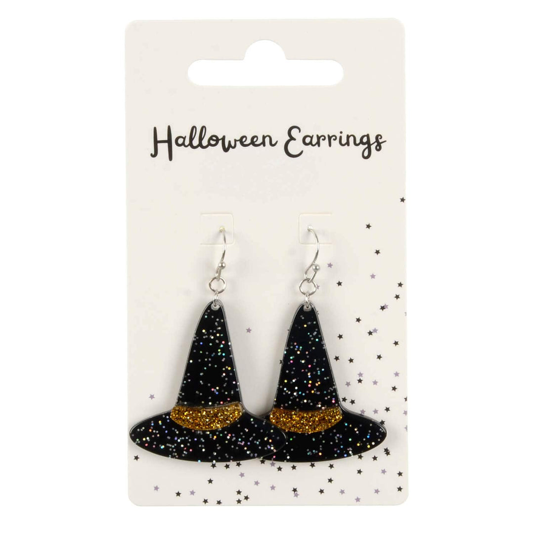 A pair of black witch hat drop earrings on a display card on white background