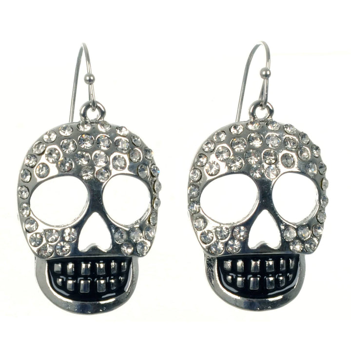 Pair of silver skull earrings with sparkling diamante on a white background